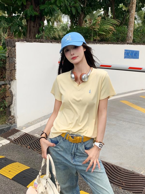 Embroidered V-Neck Short Sleeve T-Shirt for Women - Loose Slimming Casual Top - Versatile Spring Summer Style