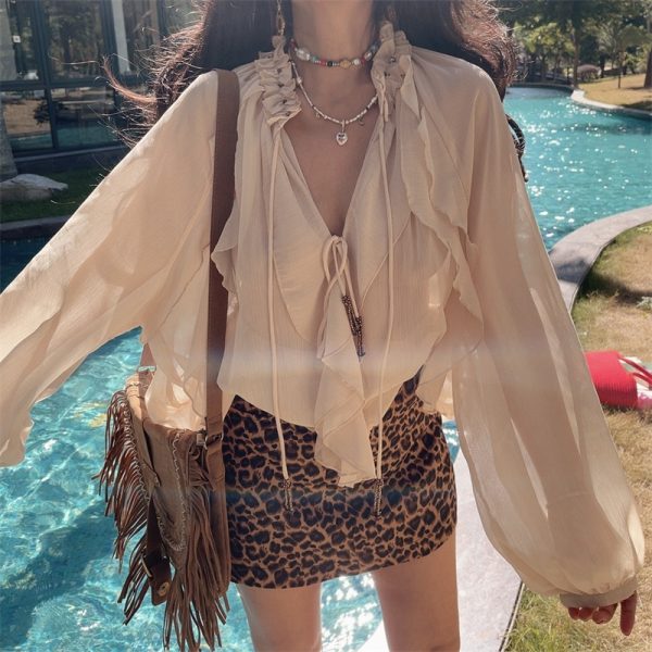 Ethereal Bohemian Ruffled Long-Sleeve Shirt for Women - 2025 Spring/Summer Vacation Top