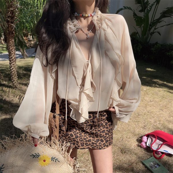 Ethereal Bohemian Ruffled Long-Sleeve Shirt for Women - 2025 Spring/Summer Vacation Top