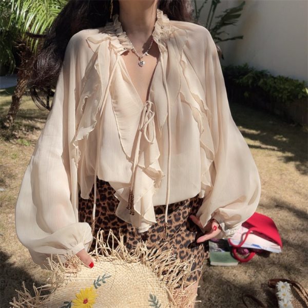 Ethereal Bohemian Ruffled Long-Sleeve Shirt for Women - 2025 Spring/Summer Vacation Top