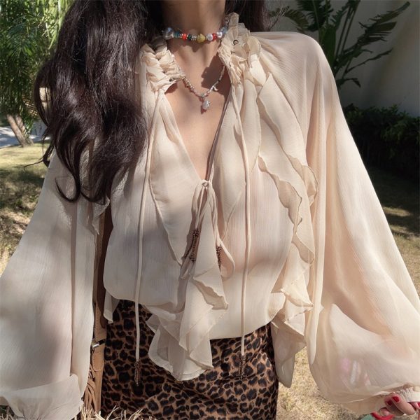 Ethereal Bohemian Ruffled Long-Sleeve Shirt for Women - 2025 Spring/Summer Vacation Top