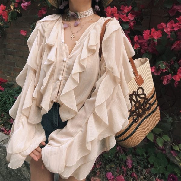 Ethereal French Style Lantern Sleeve Long Sleeve Shirt Top with Lace Trim for Spring and Summer Vacation Fashion