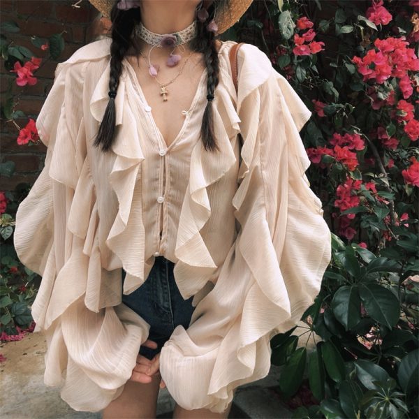 Ethereal French Style Lantern Sleeve Long Sleeve Shirt Top with Lace Trim for Spring and Summer Vacation Fashion
