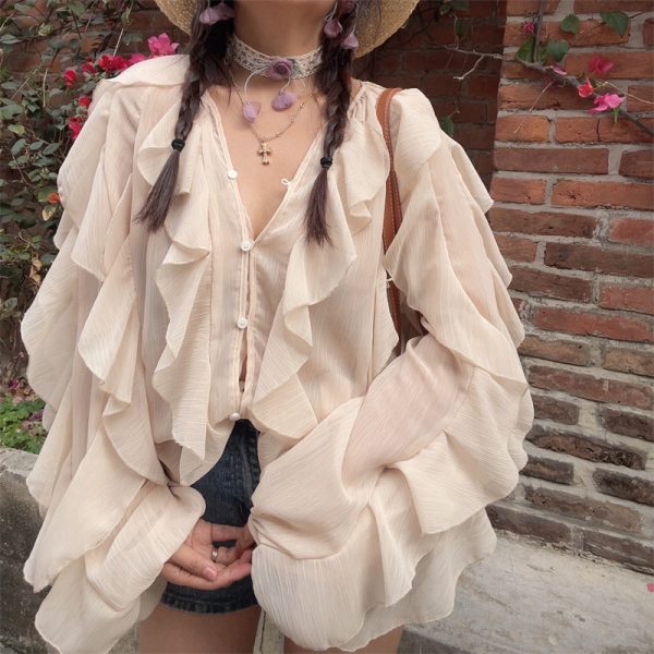 Ethereal French Style Lantern Sleeve Long Sleeve Shirt Top with Lace Trim for Spring and Summer Vacation Fashion