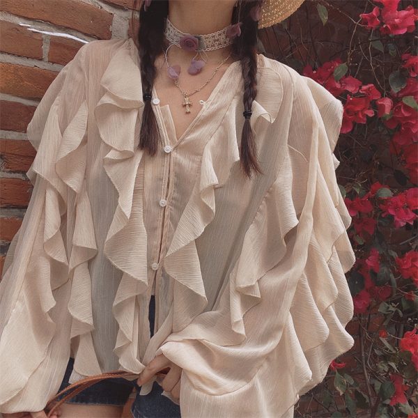 Ethereal French Style Lantern Sleeve Long Sleeve Shirt Top with Lace Trim for Spring and Summer Vacation Fashion