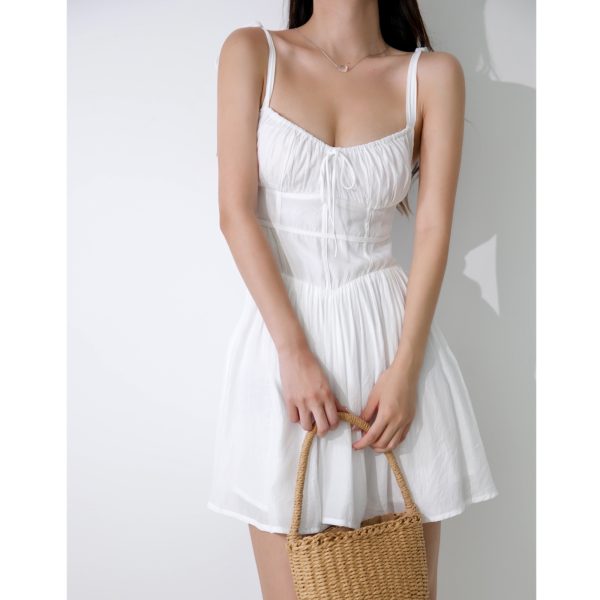 Ethereal White V-Neck Wrap Dress - Spaghetti Strap, Waist-Cinching, Slim Fit Summer Style for a French-Inspired Look