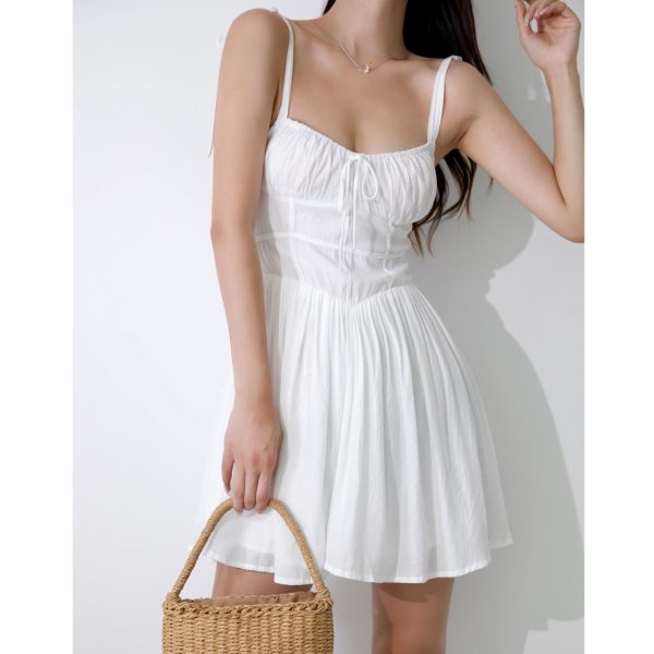 Ethereal White V-Neck Wrap Dress - Spaghetti Strap, Waist-Cinching, Slim Fit Summer Style for a French-Inspired Look
