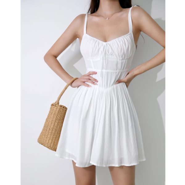 Ethereal White V-Neck Wrap Dress - Spaghetti Strap, Waist-Cinching, Slim Fit Summer Style for a French-Inspired Look
