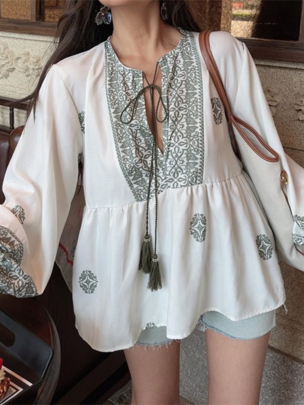 Ethnic Lantern Sleeve Tassel Tie Loose Blouse - Early Autumn Australian Style Vacation Shirt Top