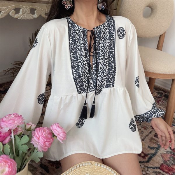 Ethnic Lantern Sleeve Tassel Tie Loose Blouse - Early Autumn Australian Style Vacation Shirt Top