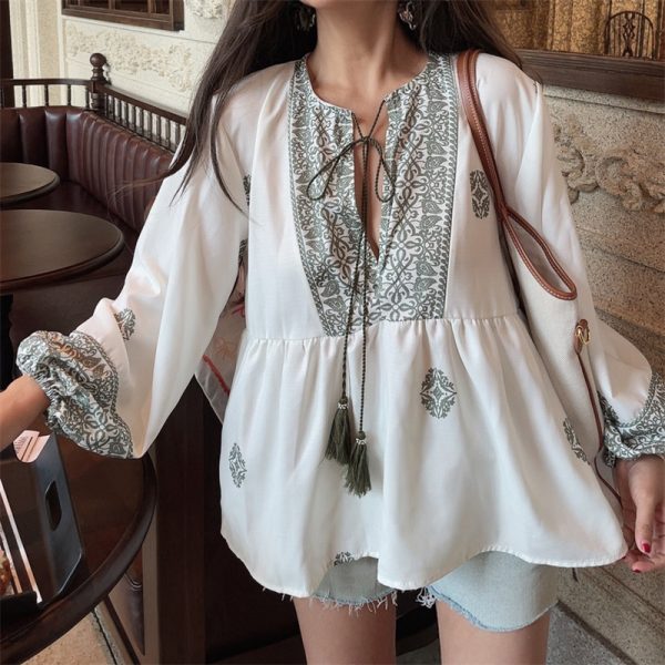 Ethnic Lantern Sleeve Tassel Tie Loose Blouse - Early Autumn Australian Style Vacation Shirt Top
