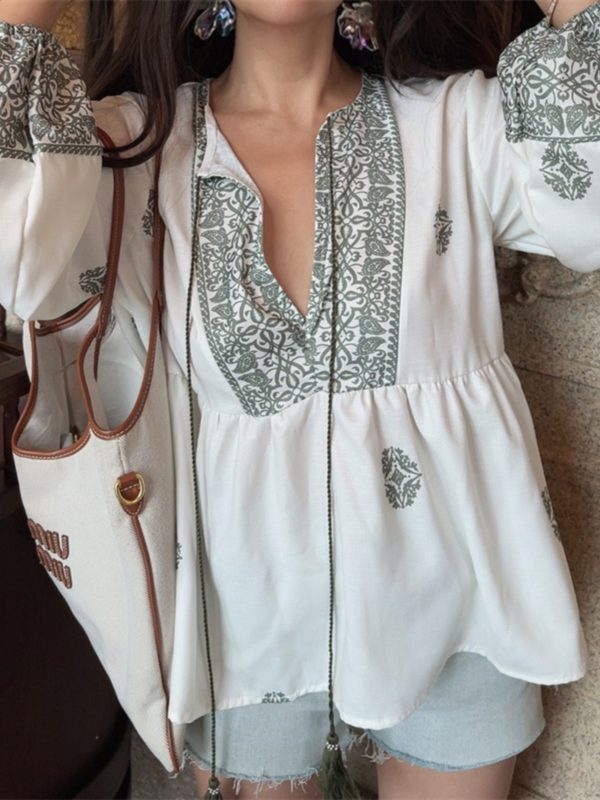 Ethnic Lantern Sleeve Tassel Tie Loose Blouse - Early Autumn Australian Style Vacation Shirt Top