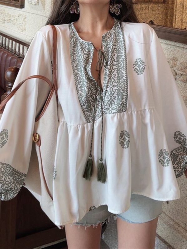 Ethnic Lantern Sleeve Tassel Tie Loose Blouse - Early Autumn Australian Style Vacation Shirt Top