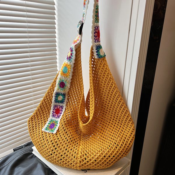 Ethnic Style Hollow Woven Tote Bag for Women - Large Capacity Shoulder Crossbody Bag for Commuting & Beach Vacation