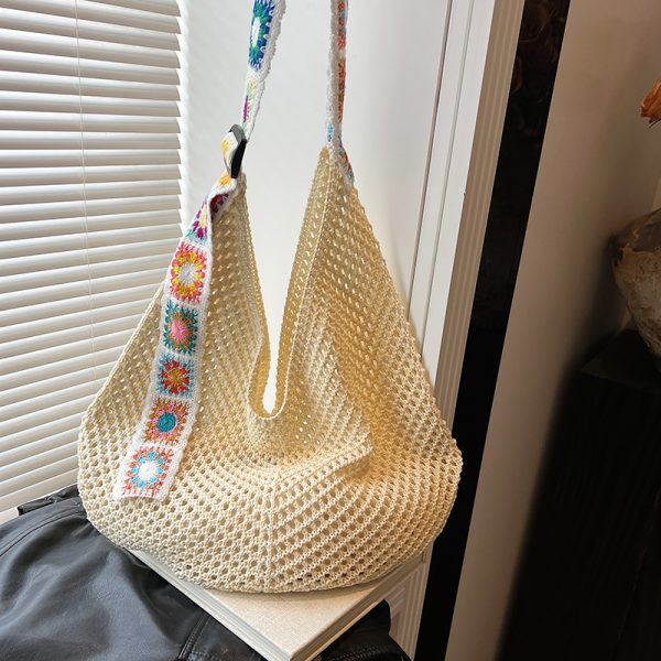 Ethnic Style Hollow Woven Tote Bag for Women - Large Capacity Shoulder Crossbody Bag for Commuting & Beach Vacation