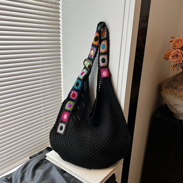Ethnic Style Hollow Woven Tote Bag for Women - Large Capacity Shoulder Crossbody Bag for Commuting & Beach Vacation