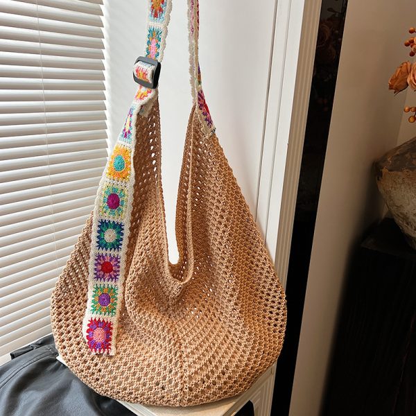 Ethnic Style Hollow Woven Tote Bag for Women - Large Capacity Shoulder Crossbody Bag for Commuting & Beach Vacation