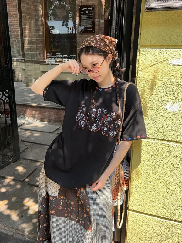 Ethnic Style Letter Pattern Embroidered Collar Short Sleeve Top - Spring/Summer National Trend Fashion