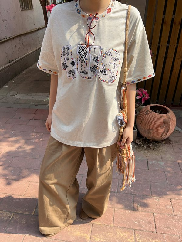 Ethnic Style Letter Pattern Embroidered Collar Short Sleeve Top - Spring/Summer National Trend Fashion