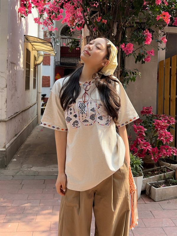 Ethnic Style Letter Pattern Embroidered Collar Short Sleeve Top - Spring/Summer National Trend Fashion