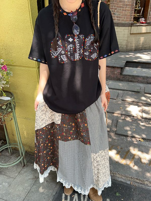 Ethnic Style Letter Pattern Embroidered Collar Short Sleeve Top - Spring/Summer National Trend Fashion