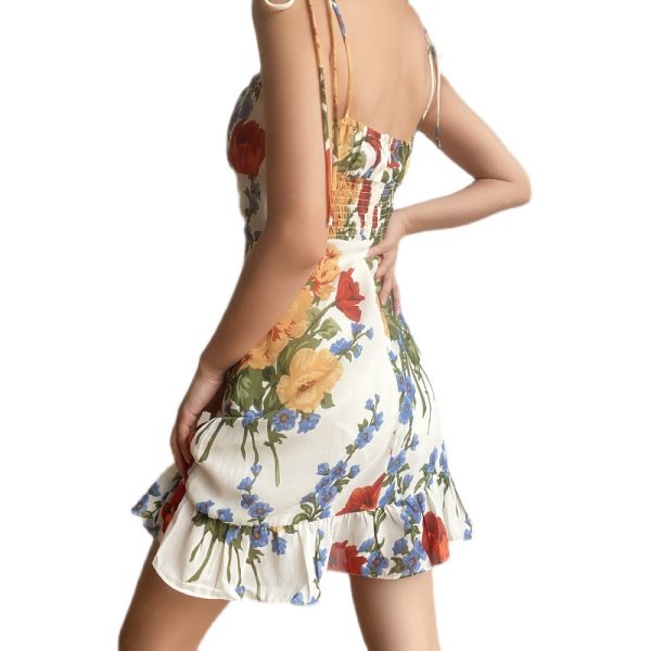 European American Retro Ruffled A-Line Camisole Dress with Shoulder Tie and Oil Painting Print - Slim Waist Short Skirt