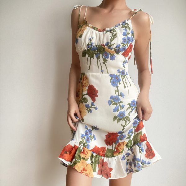 European American Retro Ruffled A-Line Camisole Dress with Shoulder Tie and Oil Painting Print - Slim Waist Short Skirt