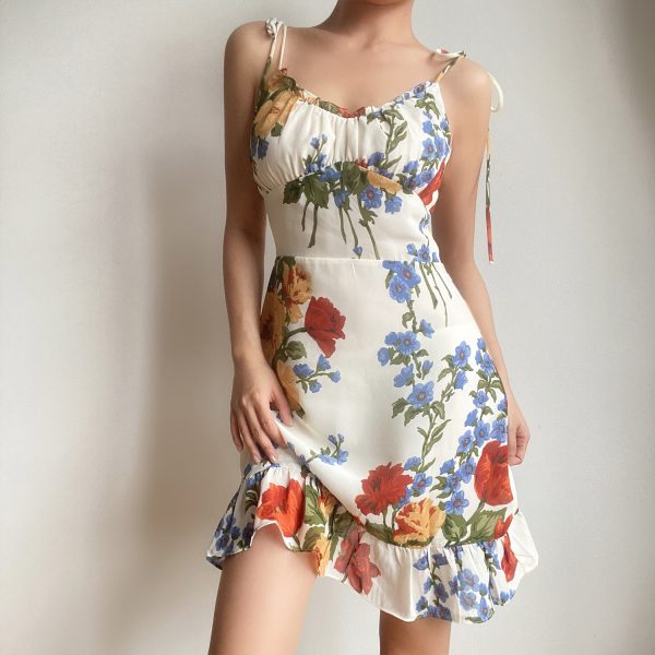 European American Retro Ruffled A-Line Camisole Dress with Shoulder Tie and Oil Painting Print - Slim Waist Short Skirt