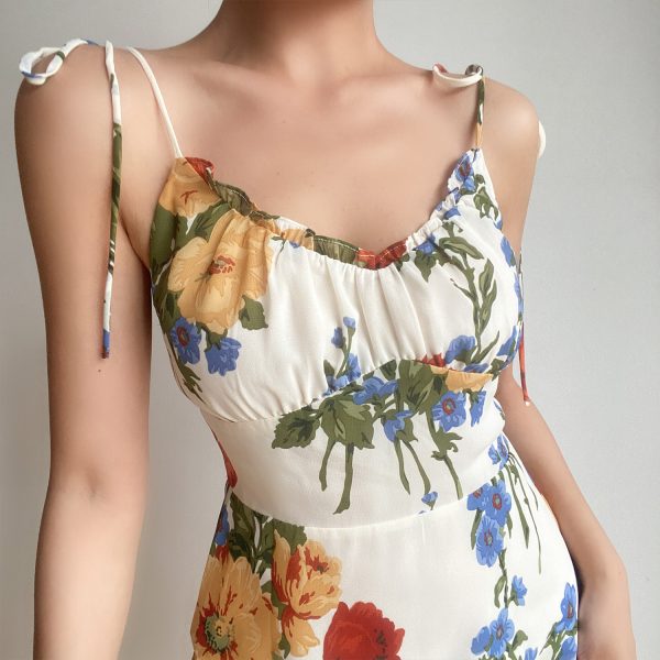 European American Retro Ruffled A-Line Camisole Dress with Shoulder Tie and Oil Painting Print - Slim Waist Short Skirt