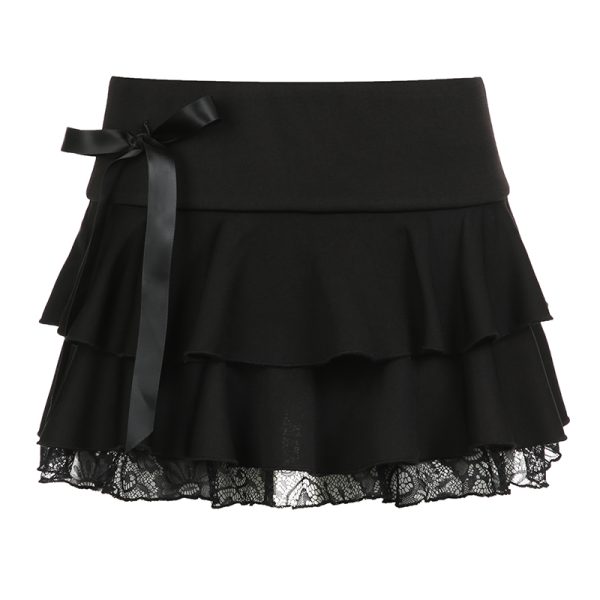 European American Sexy Girl Style A-Line Skirt with Butterfly Knot Lace Splicing - Flattering Slim Fit Half Skirt