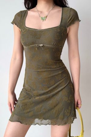 European American Style Velvet Sheer Green Square Neck Short Sleeve Summer Dress for Women - Trendy Y2K Fashion