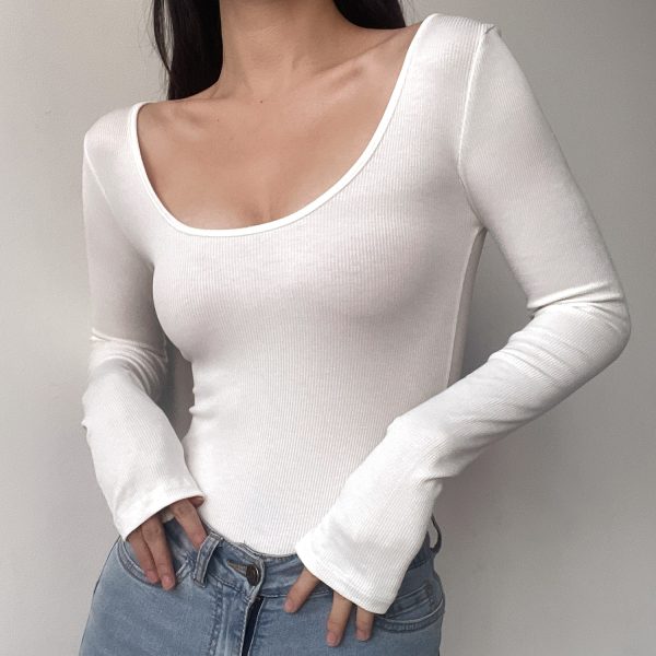 European and American Sexy Minimalist Slim Fit Long Sleeve T-Shirt with Big Round Neck - Versatile Solid Color Base Top