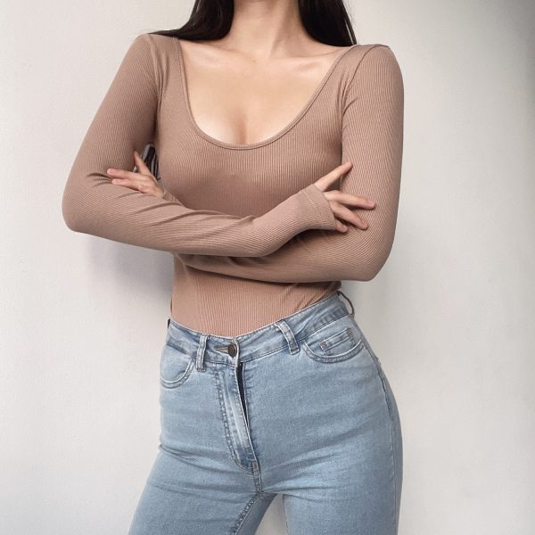 European and American Sexy Minimalist Slim Fit Long Sleeve T-Shirt with Big Round Neck - Versatile Solid Color Base Top