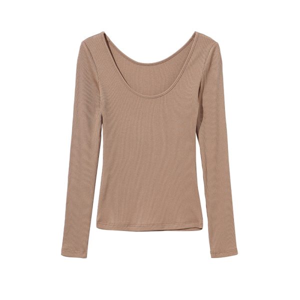 European and American Sexy Minimalist Slim Fit Long Sleeve T-Shirt with Big Round Neck - Versatile Solid Color Base Top