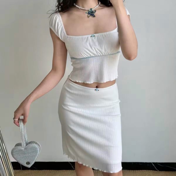 European and American Style Hollow Heart Square Neck Short Sleeve T-Shirt & Bodycon Skirt Two-Piece Set for Women - Y2K Fashion