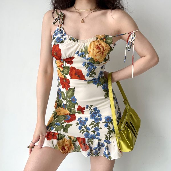 European and American Style Oil Painting Print Vintage Cami Dress with Tie Straps and Ruffle Short Skirt, A-Line Silhouette