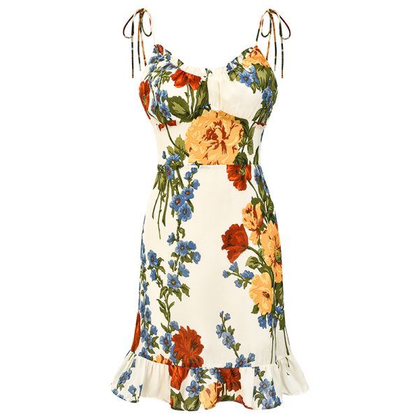 European and American Style Oil Painting Print Vintage Cami Dress with Tie Straps and Ruffle Short Skirt, A-Line Silhouette