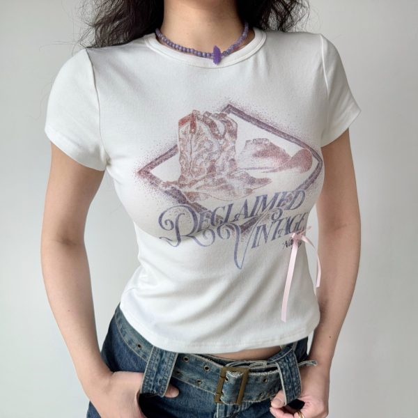 European and American Style Printed White Round Neck Short Sleeve T-shirt for Women - Summer Slim Fit Casual Top