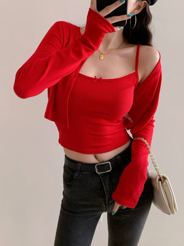 European College Style Round Neck Long Sleeve Knitted Cardigan & Camisole Set - Casual Slim Fit Two-Piece Top for Y2K Fashion