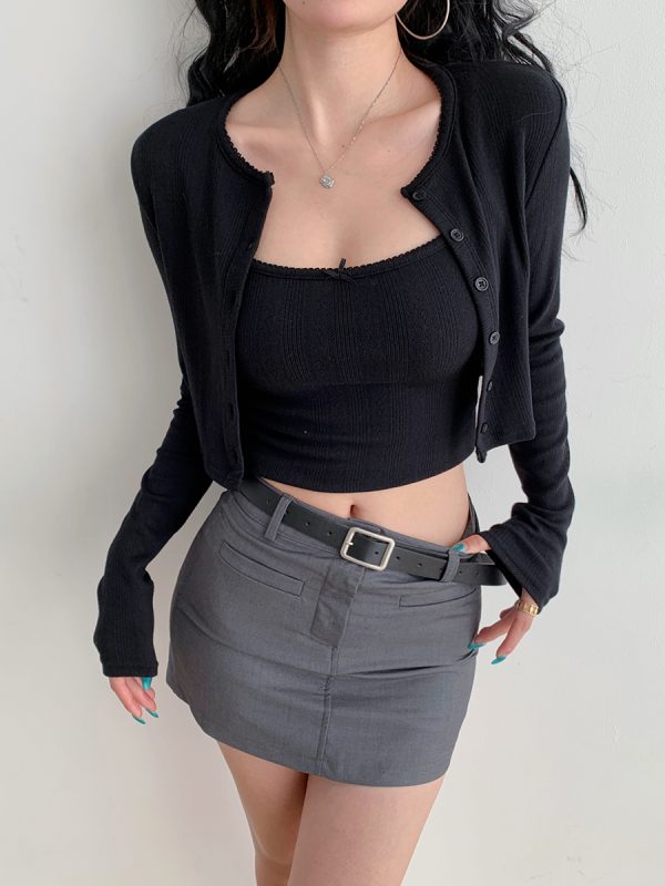 European College Style Round Neck Long Sleeve Knitted Cardigan & Camisole Set - Casual Slim Fit Two-Piece Top for Y2K Fashion