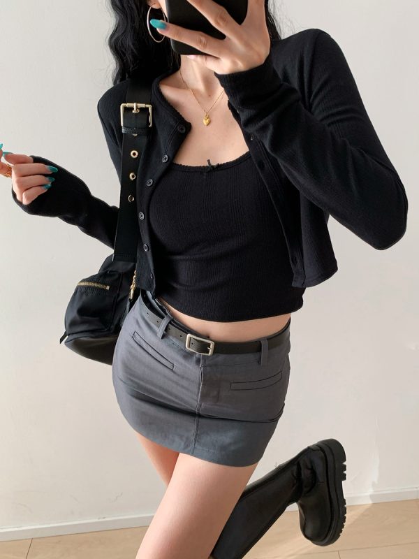 European College Style Round Neck Long Sleeve Knitted Cardigan & Camisole Set - Casual Slim Fit Two-Piece Top for Y2K Fashion