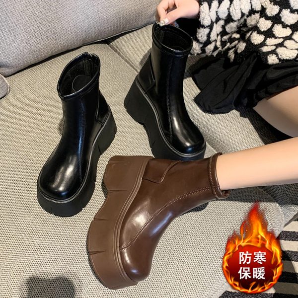 European Martin Boots for Women - Plush Thick-Soled Winter Model, Height-Increasing Brown Casual Short Boots