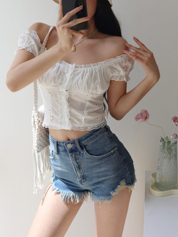 Exquisite Embroidered Lace Trim Puff Sleeve Top - French Retro Court Style Vacation Top for Women