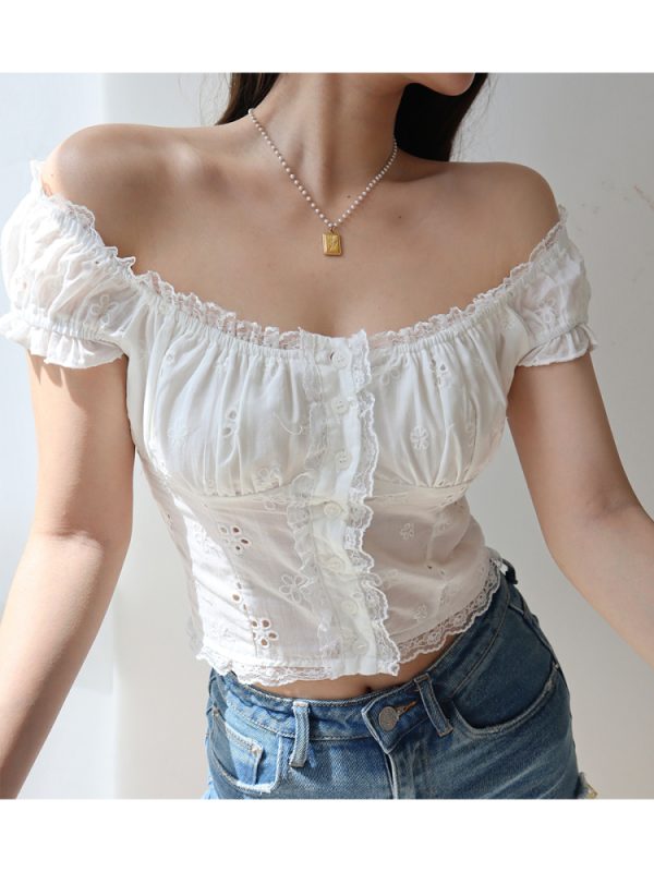 Exquisite Embroidered Lace Trim Puff Sleeve Top - French Retro Court Style Vacation Top for Women