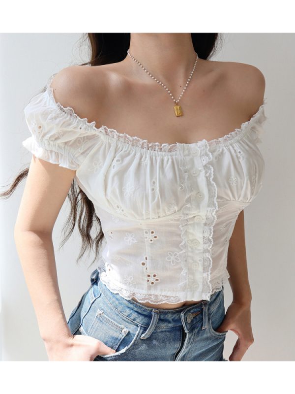 Exquisite Embroidered Lace Trim Puff Sleeve Top - French Retro Court Style Vacation Top for Women