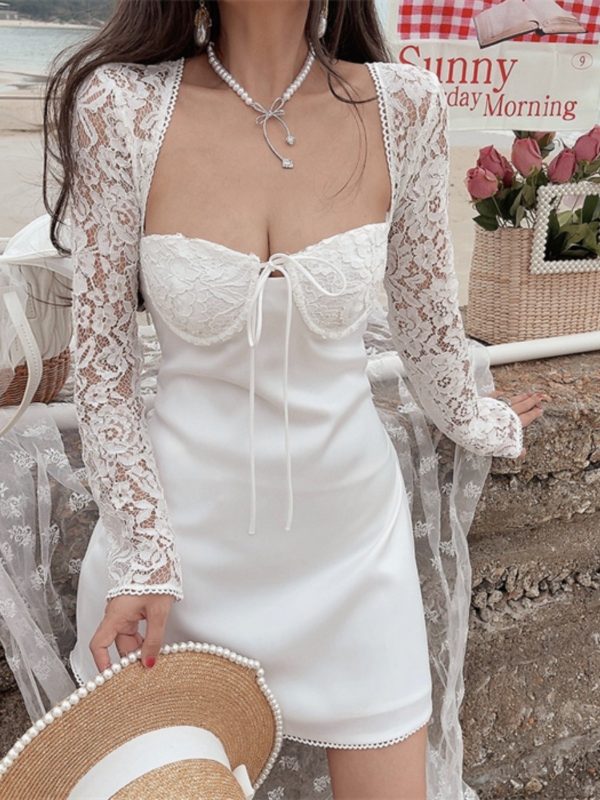 Exquisite Heavy-Duty Fairy French Lace Square Neck Tie Dress - 2024 Spring/Summer Vacation Style, Perfect for Y2K and Romantic Looks