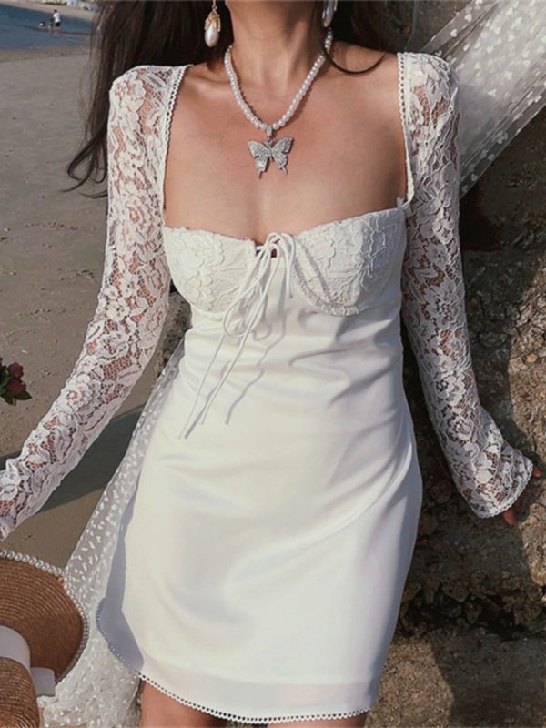 Exquisite Heavy-Duty Fairy French Lace Square Neck Tie Dress - 2024 Spring/Summer Vacation Style, Perfect for Y2K and Romantic Looks