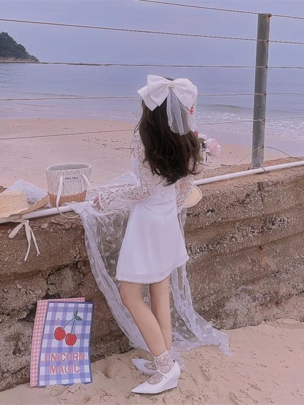 Exquisite Heavy-Duty Fairy French Lace Square Neck Tie Dress - 2024 Spring/Summer Vacation Style, Perfect for Y2K and Romantic Looks
