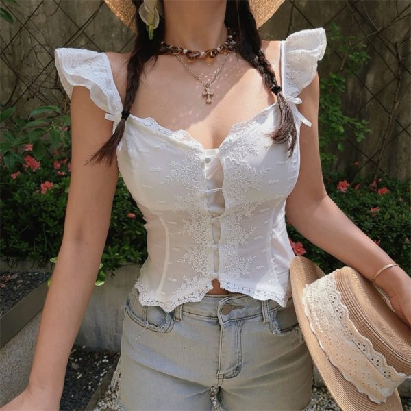Exquisite Lace Flutter Sleeve Little White Shirt with Palace Button - Perfect Vacation Top for Chic 90s and Y2K Style
