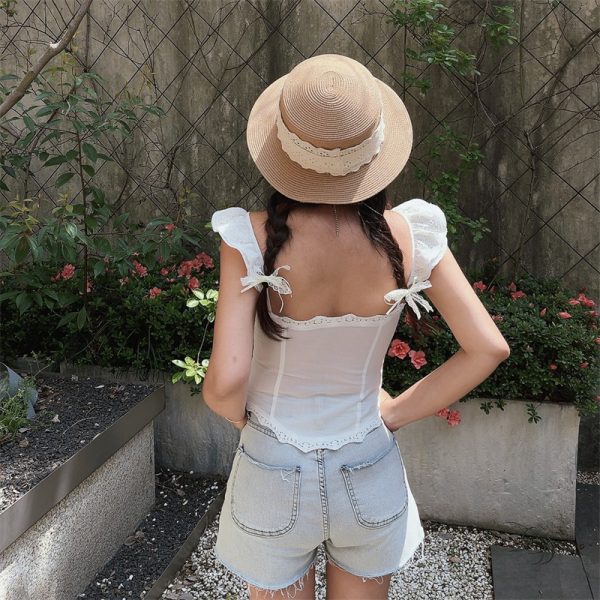 Exquisite Lace Flutter Sleeve Little White Shirt with Palace Button - Perfect Vacation Top for Chic 90s and Y2K Style